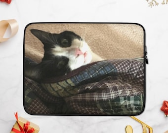 Tuxedo Cat Laptop Sleeve, Faux Fur Lined, Padded Zipper