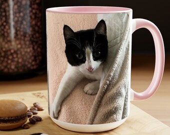 Tuxedo Cat Mug, Kitty Under Covers, Ceramic Coffee Cup, Cat Lover Gift