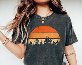 Forest Themed Camping Shirt - Adventure Is Calling Sunset Wildlife Tee with Wilderness Pine Trees