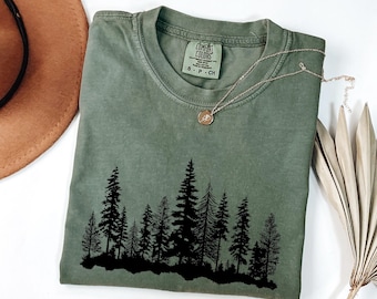Pine Tree Silhouette T-Shirt - Minimalist Forest Line Art - Hiking Shirt