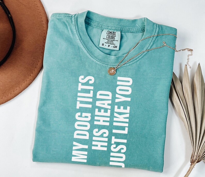 以下が含まれることがあります： 「MY DOG TILTS HIS HEAD JUST LIKE YOU」の白い文字が入った、ターコイズ色のComfort Colors Tシャツ。ペンダント付きのゴールドネックレスと茶色の帽子も写っています。