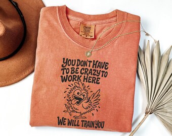 May include: Coral-colored t-shirt with the text "YOU DON'T HAVE TO BE CRAZY TO WORK HERE WE WILL TRAIN YOU" and a cartoon chicken graphic. A gold necklace and a brown hat are also in the image.