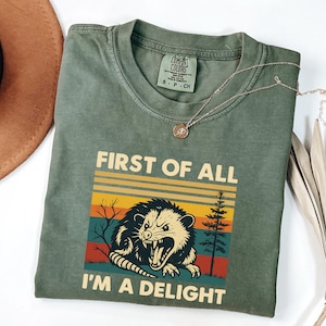 First Of All I&#39;m A Delight Opossum Shirt, Funny Animal Lover Tee, Sarcastic Possum T-Shirt, Retro Gift for Her or Him, Comfort Colors