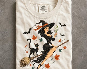 Retro Witch Martini Comfort Colors Shirt, Black Cat Halloween Cocktail Gift