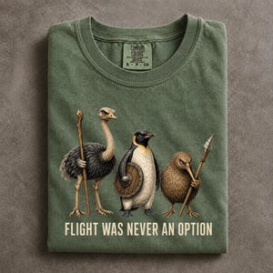 May include: An olive green t-shirt featuring a graphic of an ostrich holding a wooden staff, a penguin carrying a round wooden shield, and a kiwi bird holding a spear. The text FLIGHT WAS NEVER AN OPTION is printed in white below the birds.