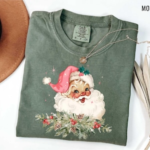 Pink Santa Retro Christmas Comfort Colors® T-Shirt, Vintage Christmas Shirt, Women&#39;s Christmas Tshirt, Holiday Cute Christmas Shirt