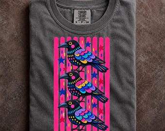Colorful Folk Art Crows On A Comfort Colors Shirt With Pink Stripes