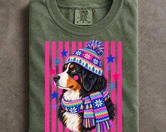 Bernese Mountain Dog Christmas Shirt In Comfort Colors With Colorful Winter Hat And Scarf