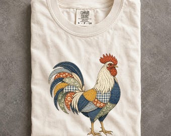 Patchwork Rooster Shirt, Vintage Cottagecore Chicken Comfort Colors Tee