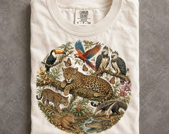 Comfort Colors Rainforest Wildlife T-Shirt Capybara Jaguar Maximalist Jungle Animal Graphic Tee
