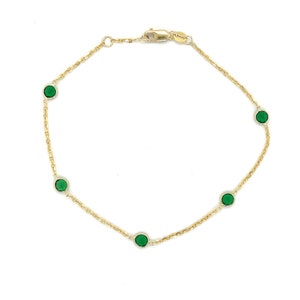 14K Solid Yellow Gold May Birthstone Emerald By The Yard Anklet, 7&quot; 8&quot; 9&quot; 10&quot; Inch, Real Gold Anklet, Thin Anklet, Women