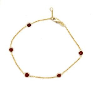 14K Solid Yellow Gold January Birthstone Natural Garnet By The Yard Anklet, 9&quot; 10&quot; Inch, Real Gold Anklet, Thin Anklet, Women