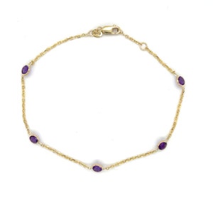 14K Solid Yellow Gold June Birthstone Alexandrite By The Yard Anklet, 9&quot; 10&quot; Inch, Real Gold Anklet, Thin Anklet, Women