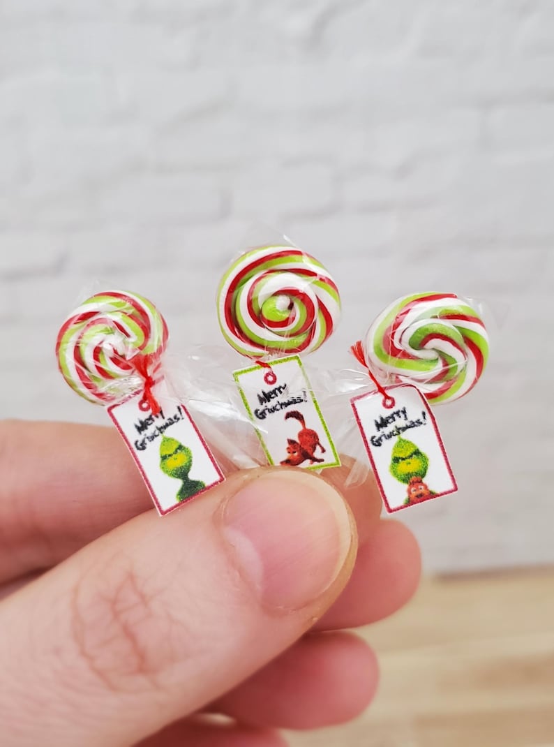 Miniature Grinch Candy Lollipop, Dollhouse Lollipop, Miniature
