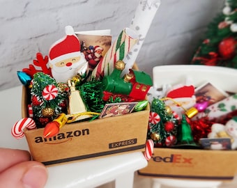 Miniature box of Christmas decorations, Miniature dollhouse Christmas, 1:12 scale Christmas accessories