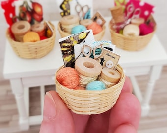 Dollhouse sewing kit, Miniature dollhouse sewing basket, Dollhouse yarn