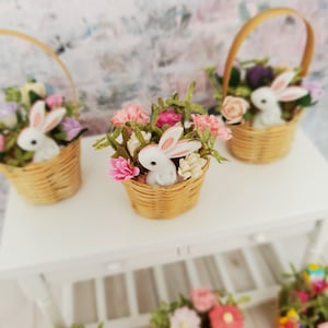 Miniature bunny flower basket, dollhouse garden, miniature plants, miniature flower basket, Miniature bunny