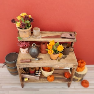 Miniature Dollhouse potting bench, 1:12 scale miniature garden, Artisan miniature furniture