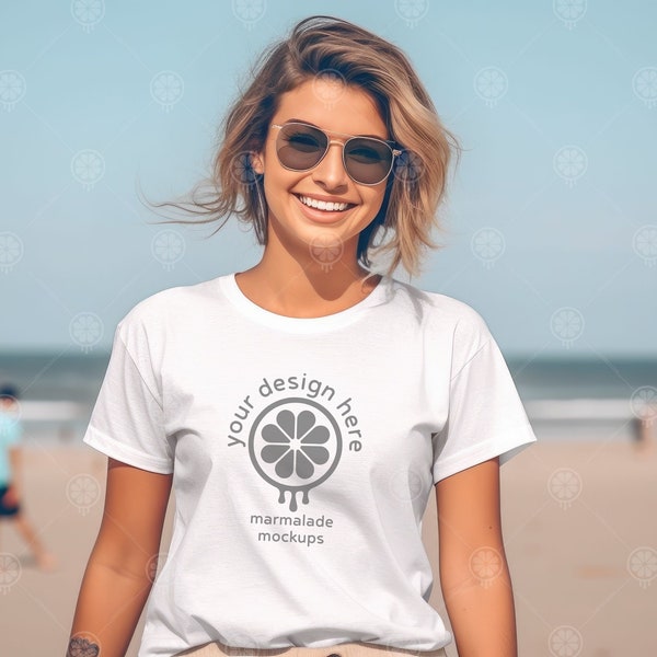 Women Walking on Beach Bella Canvas 3001 Tshirt Mockup | Mock up Tshirt | White T-Shirt Mock-up | Female T-shirt Mockup | Model Mockup | Tee