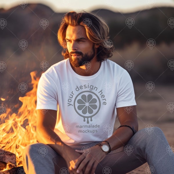 Man Fireside T-shirt Mock-up | Mockup outdoors | White T-Shirt Mock-up Bella Canvas 3001 t-shirt | Male Tshirt Mockup | Campfire | Wild