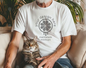 Cat & Man Bella Canvas 3001 Tshirt Mockup White T-Shirt Mock-up Male T-shirt Mockup Model Mockup Tee Mockup Cat Lover Tshirt Mockups