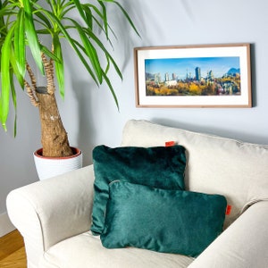 May include: Two green velvet throw pillows with gold trim on a cream colored couch. A framed picture of a city skyline hangs on the wall behind the couch.