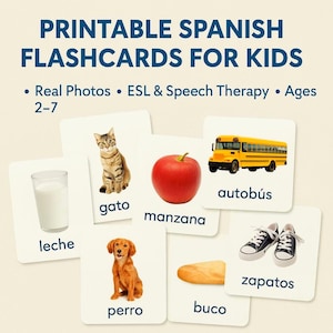 Flashcards pour apprendre l'espagnol avec 54 vraies photos - PDF imprimable pour l'ESL et l'orthophonie pour les enfants.