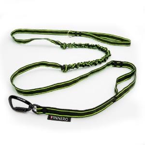 May include: Black and green dog leash with a bungee cord section and a black carabiner clip. The leash has a black and green striped pattern and the text "FINNERO" is visible on the leash.