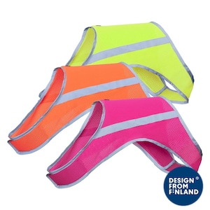 May include: Three high-visibility safety vests in neon yellow, bright orange, and hot pink. Each vest has a reflective silver stripe across the chest. The vests are made of a mesh material and are designed to be worn over clothing for increased visibility.