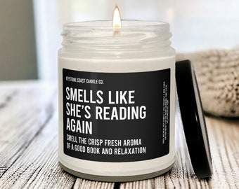 Smells like shes reading again Scented Soy Candle, 9oz, black label, reading candle, bookish candle, smells like candle, reading smut again