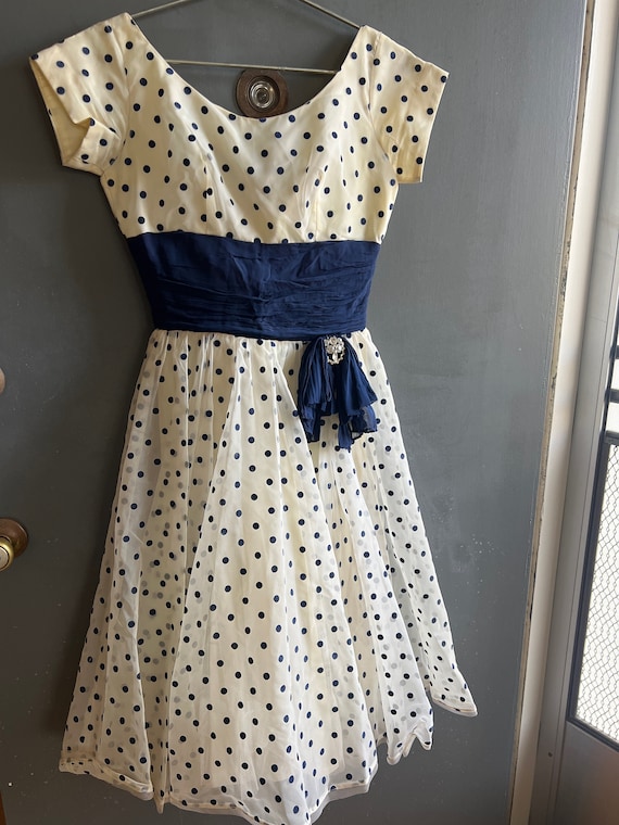 1950s White/ Blue Polka Dot Dress