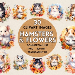 Hamster & Flowers - Cute Hamster Clipart - 30 High Quality PNGs for Commercial Use - Digital Download - Scrapbooking, Card Making, Planners