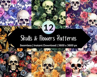 Skulls and Flowers Seamless Digital Pattern Pack - Printable Digital Paper - PNG Instant Download - 12x12in - Commercial Use