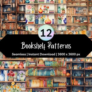 以下が含まれることがあります： 水彩の書棚パターン12種類。それぞれ異なる配置の本、植物、装飾品が特徴です。パターンはシームレスで、さまざまなクリエイティブプロジェクトに使用できます。