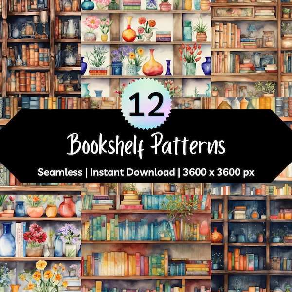 Cosy Bookshelves Seamless Digital Pattern Pack - Printable Digital Paper - PNG Instant Download - 12x12in - Commercial Use