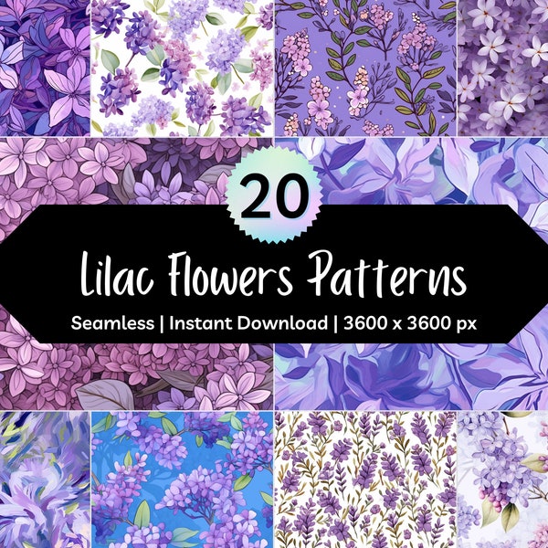 Lilac, Purple Flowers Seamless Digital Pattern Pack - Printable Digital Paper - PNG Instant Download - 12x12in - Commercial Use