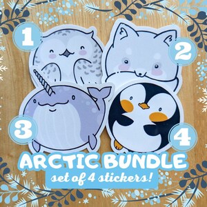 Paquete de pegatinas árticas / Pingüino, Búho de las nieves, Ballena narval y Pegatinas de zorro ártico / Pegatinas de animales lindos y gruesos / Colección Chunkymals