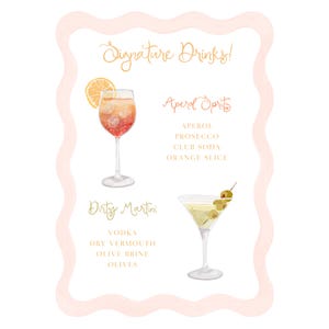 Kundenspezifisches Aquarell Getränkekarte Hochzeit Bar Zeichen