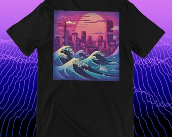 Kanagawa Great Wave Synthwave T-Shirt | Vaporwave Anime Retro 80s Cyberpunk Graphic Tee