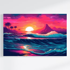 Synthwave Beach Sunset Retrowave Art Canvas Print Synthwave Wall Art Matte Canvas Vaporwave Sunset Canvas Wall Art Vaporwave Art Beach