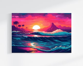 Synthwave Sunset Beach Canvas Print - Retrowave Vaporwave Wall Art