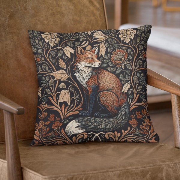 Forestcore Pillow, Morris Pillow, Charming Fox & Florals Design, William Morris Inspired, Nature Themed Cushion, Decorative Home Decor