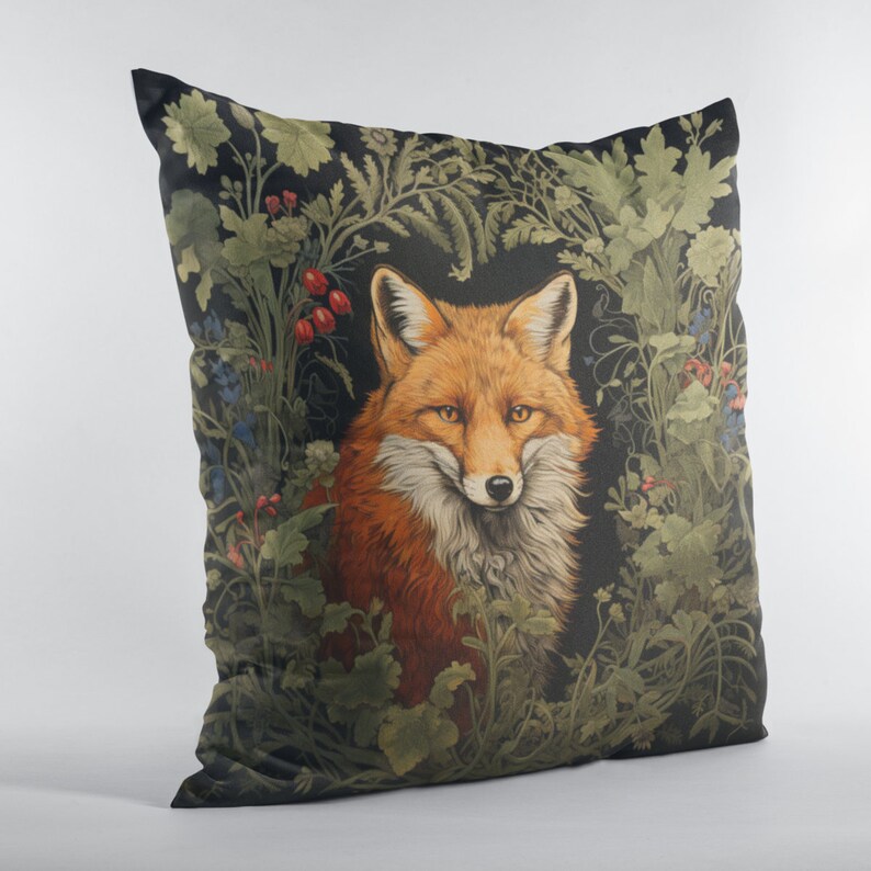 William Morris Pillow, Fox Gifts, Victorian Floral Fox Cushion, Natureinspired Decor