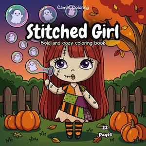 Puede incluir: Un libro para colorear titulado Stitched Girl de Cami's Coloring que presenta un personaje de dibujos animados con cabello rojo y detalles de costura en la cara soplando burbujas con forma de fantasma en un huerto de calabazas con una valla.