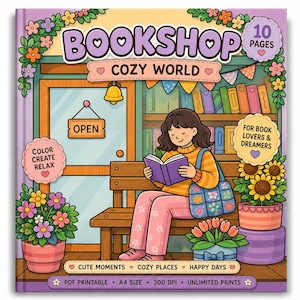 Puede incluir: Un libro para colorear titulado Bookshop Cozy World que muestra a una persona leyendo en un banco frente a una librería. La portada incluye texto como 10 Pages, Color Create Relax, For Book Lovers & Dreamers, Cute Moments, Cozy Places, Happy Days, PDF Printable, A4 Size, 300 DPI y Unlimited Prints.