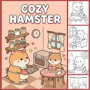 Hamster Coloring Pages Printable, 10 Cozy Tiny Room Coloring Book, Cute Animal Coloring Pages, Digital Download PDF, US Letter A4