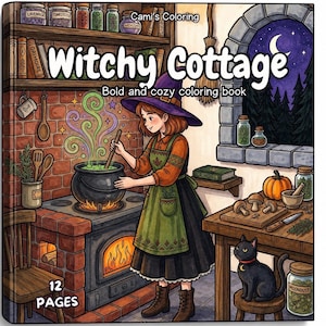 Puede incluir: Un libro para colorear titulado Witchy Cottage de Cami's Coloring con 12 páginas. La ilustración de la portada muestra a una persona con sombrero morado y delantal verde revolviendo un caldero negro en una estufa de ladrillo, con un gato negro.
