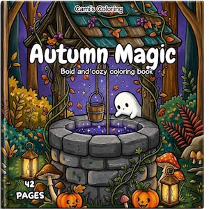 Puede incluir: Un libro de colorear cuadrado titulado Autumn Magic de Cami's Coloring, que muestra un pozo de piedra, un pequeño fantasma blanco, un cubo de madera, linternas brillantes, calabazas y setas en un bosque, con 42 páginas indicadas en la portada.