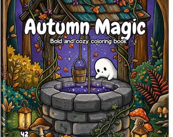 Malbuch „Herbstliche Magie“, gemütliche Halloween-Malvorlagen, niedliche Geister und ein verwunschener Wald, ausdrucksstarkes und einfach zu druckendes PDF, 42 Seiten