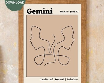 Impression d'astrologie Gémeaux | Téléchargement numérique d'art de mur de zodiaque | Affiche Gémeaux | TÉLÉCHARGEMENT INSTANTANÉ